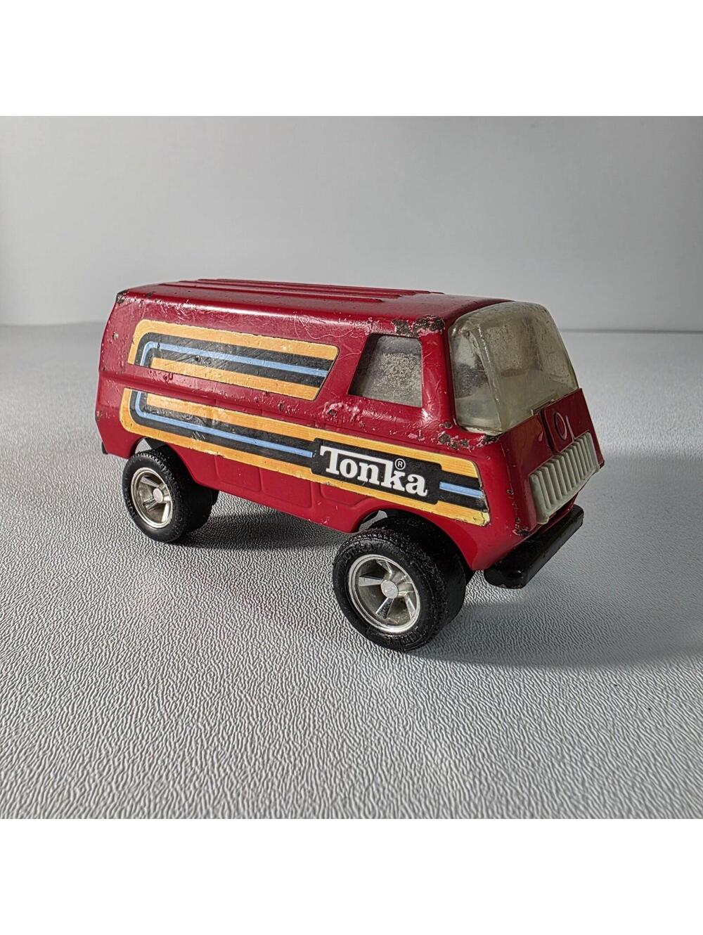 Vintage 1970's Tonka Red 5" Pressed Steel Van with Orange Blue Stripes USA